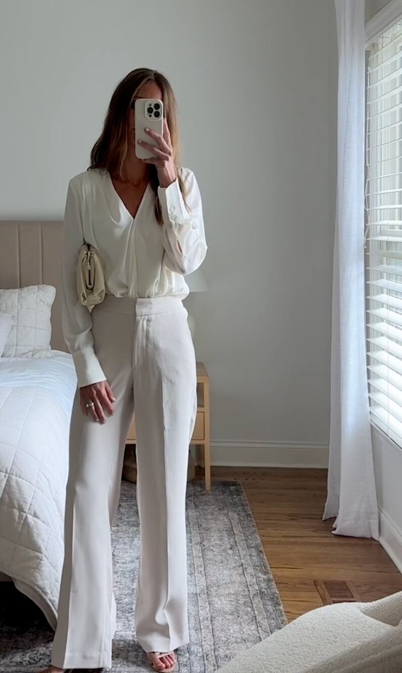 Quince Washable Stretch Silk Surplice Bodysuit Ivory Medium Long Sleeve Top